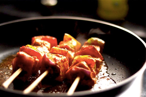 Three Paneer Tikkas on the tawa