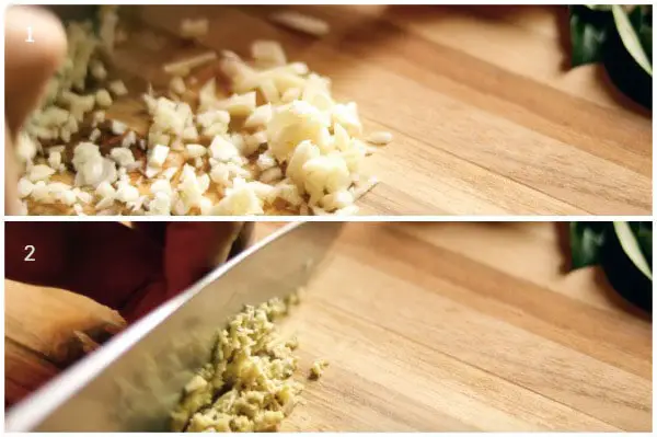 Chopping Ginger and Garlic on a wooden board
