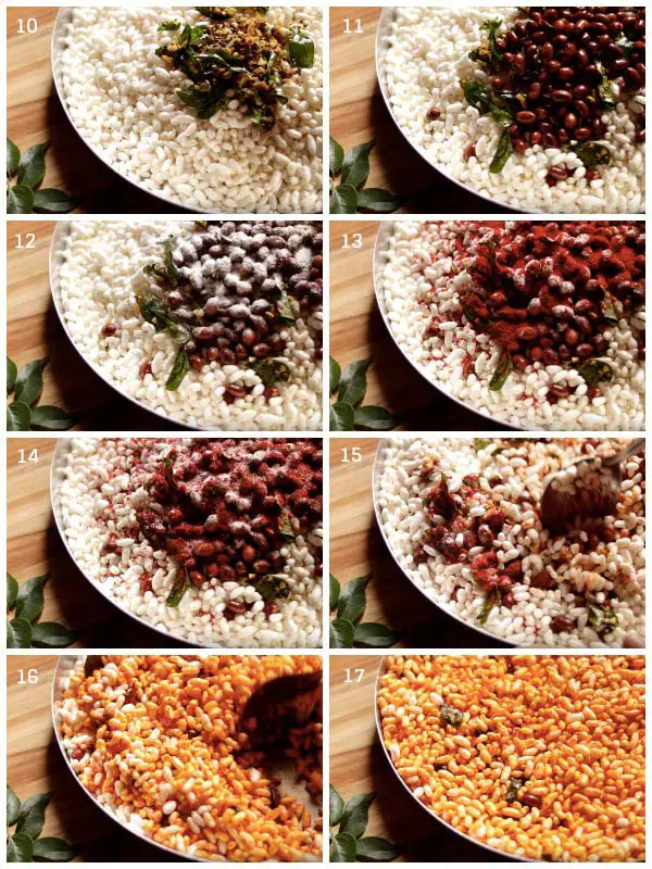 Step by step process of pouring and mixing Tadka on the Murmuras